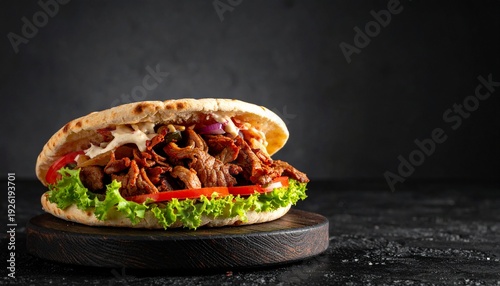 Turkish doner kebab on golden toasted pita bread, copy space