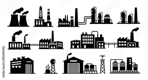Industrial factory silhouettes representing manufacturing and production facilities in black and white.