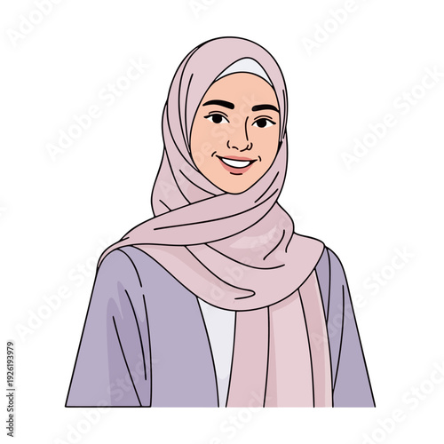 Friendly and confident young Muslim woman with a warm smile, beautifully portrayed in a vibrant illustration wearing a stylish pink hijab and modest attire, representing modern cultural diversity