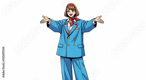 Friendly Anime Woman in Blue Uniform with Welcoming Gesture