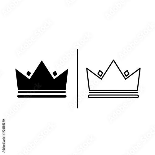 Royal Crown Icon Set - Minimalist Black Solid and Outline Symbol for Luxury, Royalty, and Premium Branding.