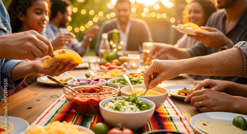 Group of diverse friends sharing delicious mexican tacos and salsa at a garden wooden table during golden hour
