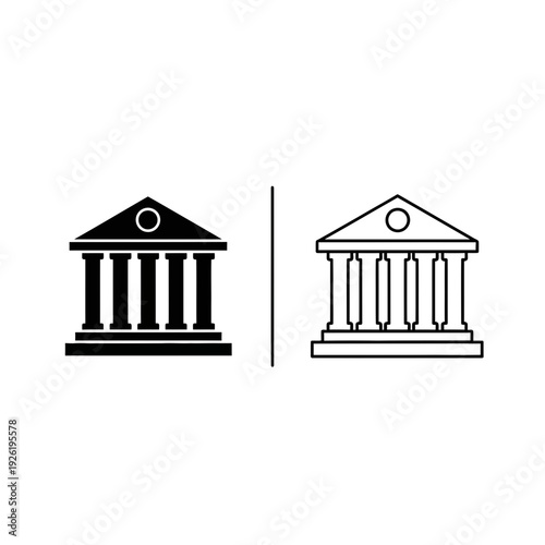 Classical Bank Building Icon Vector with Pillars: A Timeless Black & White Symbol for Finance, Government, Education, and Justice Institutions