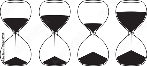 Four hourglass with varying sand levels sand timer time clock