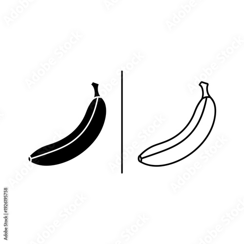 Banana fruit vector icons set in solid and line art. Minimalist organic food symbols for grocery apps, healthy eating blogs, and kitchen interior graphics.
