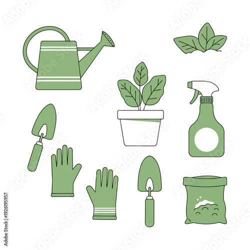 Gardening tools and plants arranged neatly for gardening activity illustration