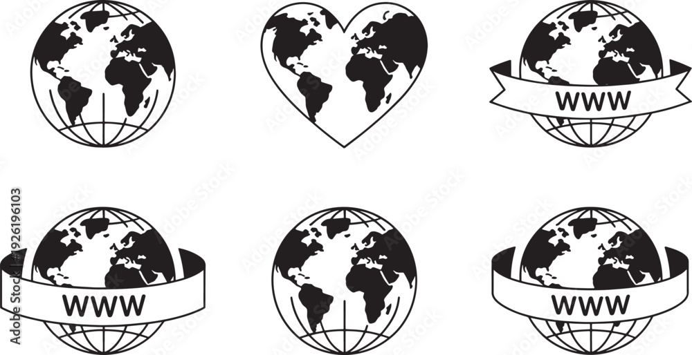 Obraz premium Globe and heart symbols with website banners black and white