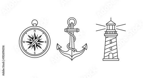 Nautical themed illustrations featuring compass, anchor, and lighthouse, perfect for maritime designs.