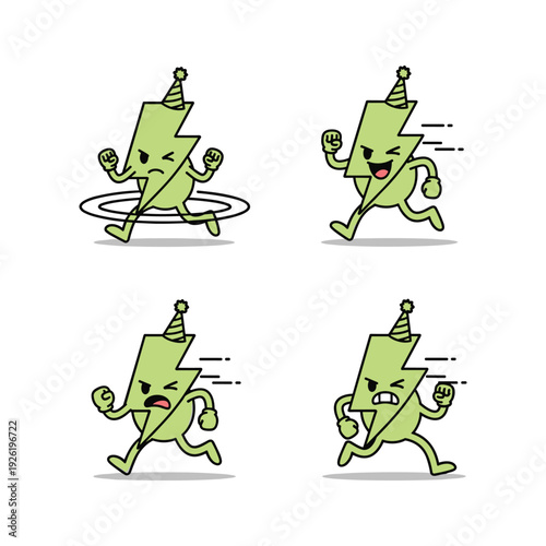 Cartoon lightning bolt characters running and exercising with different emotions