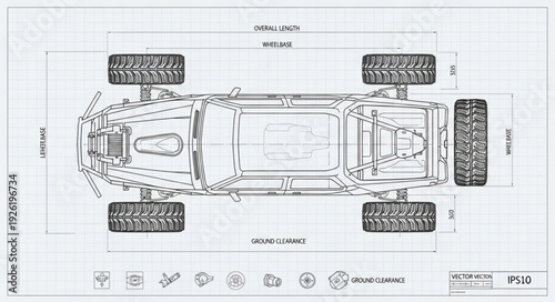 Overhead blueprint of a rugged off-road vehicle with detailed mechanical components.