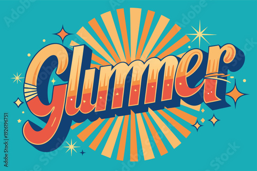 Vibrant Glimmer text with radiant sunburst and star effects on blue background