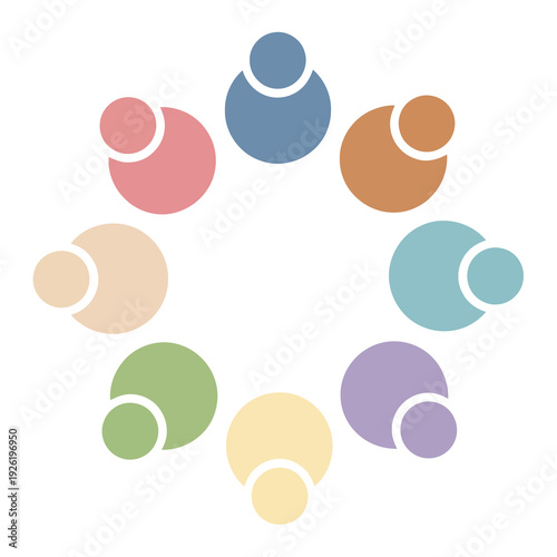 Diverse group of people forming a circular pattern with colorful abstract shapes and simple illustrations around them, representing unity and diversity from a top-down viewpoint