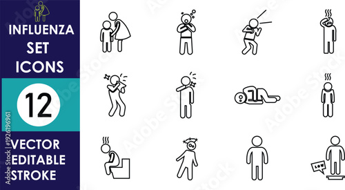 Set of twelve influenza icons showing symptoms like fever, cough, headache, fatigue, sneezing, sore throat, body pain, and medical thermometer in vector style illustration