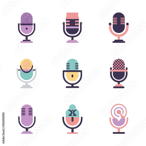 Canvastavla Collection of diverse microphone icons in various colors and patterns on a clean