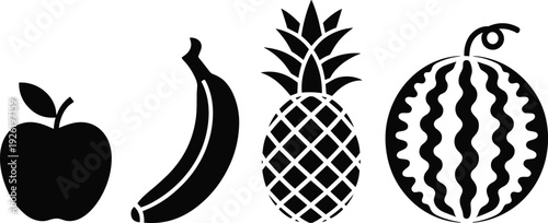 Black fruit silhouette icons featuring apple, banana, pineapple and watermelon isolated on white background for healthy eating and food design