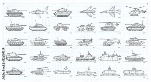 Military Vehicles and Aircraft Collection Depicted in Detailed Line Drawings.