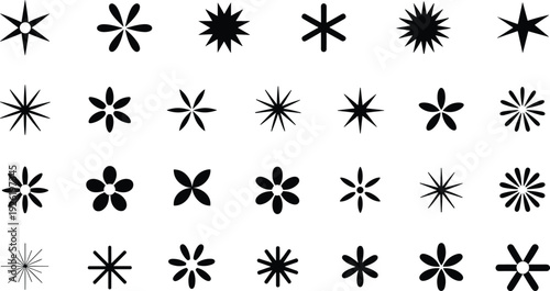 Black starburst and flower silhouette icons collection with abstract sun shapes and decorative radial symbols isolated on white background