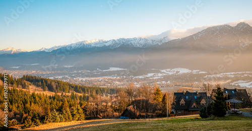Zakopane Poland High Tatras Gubalowka view on Tatra mountains panorama. Scenic mountain view in Poland