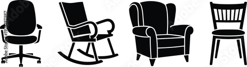 Chair silhouettes set with office chair, rocking chair, armchair and wooden chair isolated on white background for furniture design