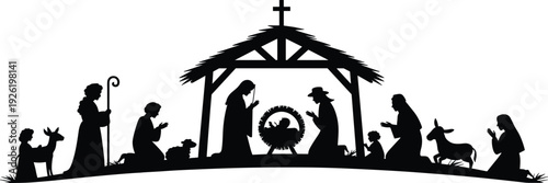 Christmas nativity silhouette scene with baby Jesus in manger, Mary, Joseph, shepherds and animals under stable isolated on white background