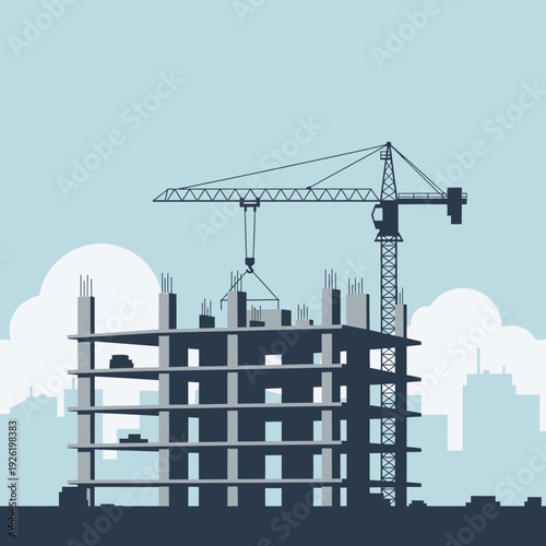 Construction Crane Building Skyscraper Under Construction, Cityscape Background