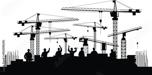 Construction site silhouette with tower cranes and workers building structure isolated on white background for industrial and engineering concept