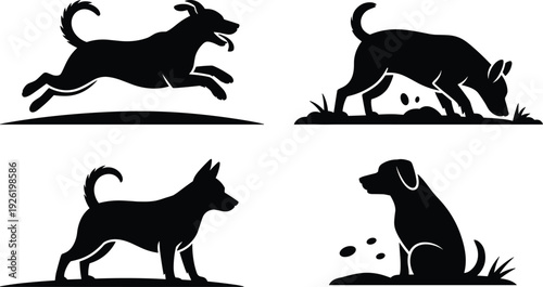 Dog silhouettes set with running, sniffing, standing and sitting poses isolated on white background for pet, animal and veterinary design