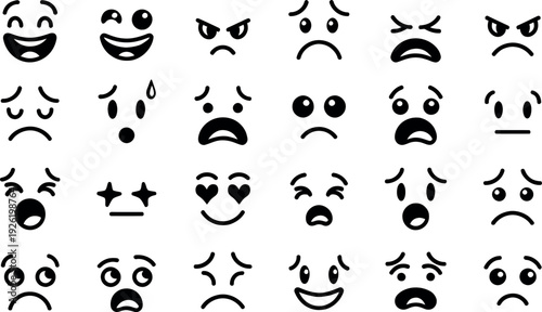Black and white cartoon face icon set with mustache beard smile and love emotions