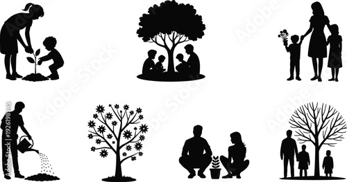Family planting tree silhouettes set with parents and children gardening isolated on white background for environmental care concept