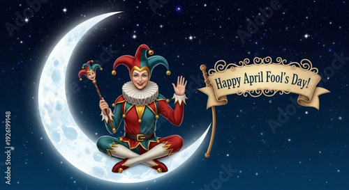 Jester sitting on crescent moon with april fools' day banner in starry night sky