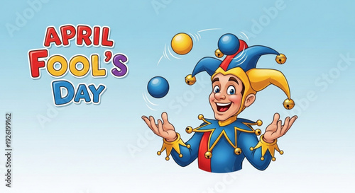 Jester in blue and gold jester's hat juggles colorful balls on april fool's day with text