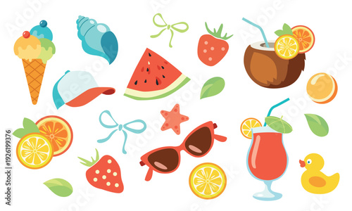 Summer vacation set with tropical elements. Ice cream cone, watermelon, fruity drinks in coconut, orange, lemon, strawberries, shell, cocktails, sunglasses, starfish, rubber duck, leaves and bows. 