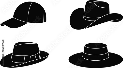 Hat silhouettes collection with baseball cap, cowboy hat, fedora and wide brim hat isolated on white background for fashion and accessory design