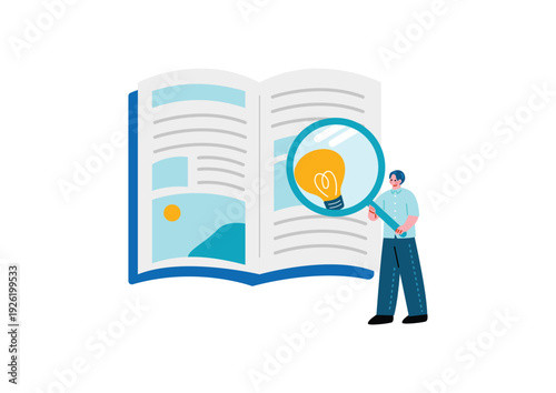 虫眼鏡を使って本からヒントをを探す男性のイラスト