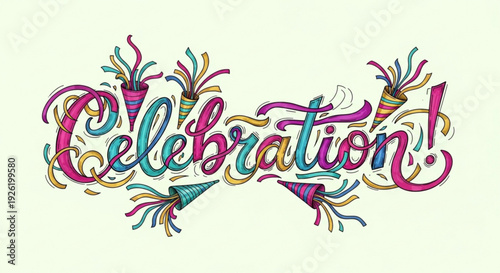 Colorful celebration text with party horns and streamers on light background