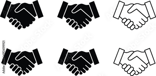 Handshake agreement partnership icons set, business deal cooperation trust symbols collection, flat vector illustration isolated background