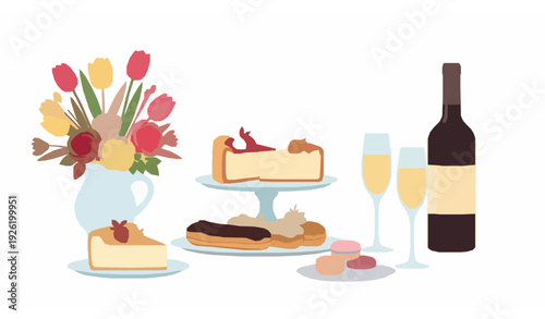 Minimalist Elegant Celebration Vector with Desserts, Wine, and Flowers for Event Graphics