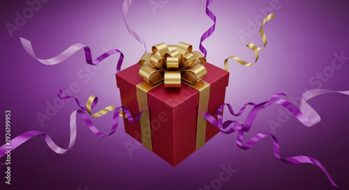 Vibrant red gift box with gold bow and ribbons on purple background for celebrations and presents