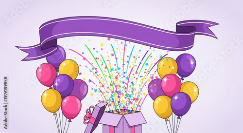 Vibrant balloons and confetti emerge from a gift box under a purple ribbon banner on a light purple background celebrating a joyful surprise party or special occasion