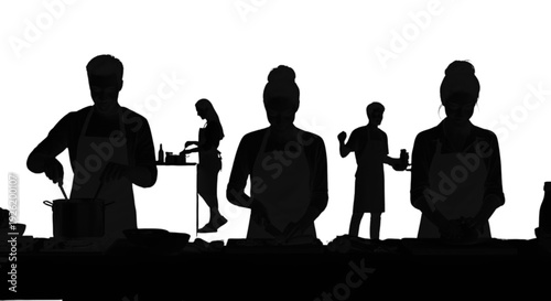 Black silhouettes of a team of chefs and kitchen workers preparing meals in a commercial kitchen isolated on transparent background, Vector