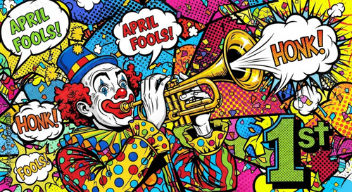 Vibrant comic style clown playing trumpet with speech bubbles in bright pop art background 1st place theme colorful illustration