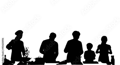 Silhouette of a family and a professional chef preparing a meal together in a kitchen. isolated on transparent background, Vector