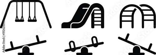 Playground equipment silhouettes with swing set, slide, climbing arch and seesaw icons isolated on white background for kids park design