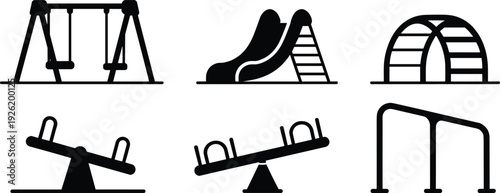 Playground equipment silhouettes set with swing, slide, seesaw, climbing dome and monkey bars isolated on white background