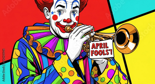 Colorful clown playing trumpet with april fools sign on a vibrant pop art background