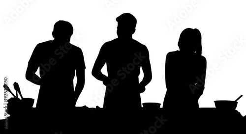Silhouette of three people preparing food together at a counter in a kitchen. isolated on transparent background, Vector
