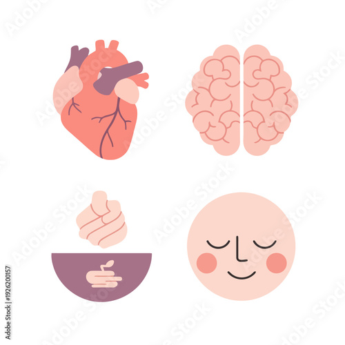 Illustration of human organs and gestures depicting emotions and wellness from a symbolic viewpoint