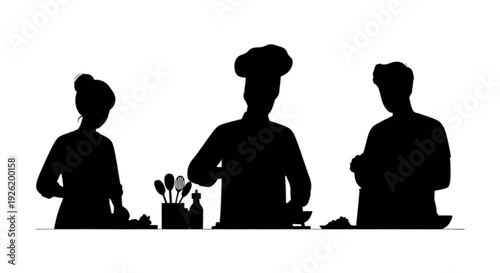 Silhouette of a professional chef and kitchen staff preparing food in a restaurant kitchen. isolated on transparent background, Vector
