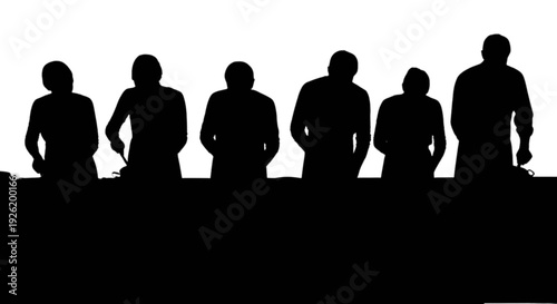 Silhouettes of a group of six people standing in a row behind a counter on a white background isolated on transparent background, Vector