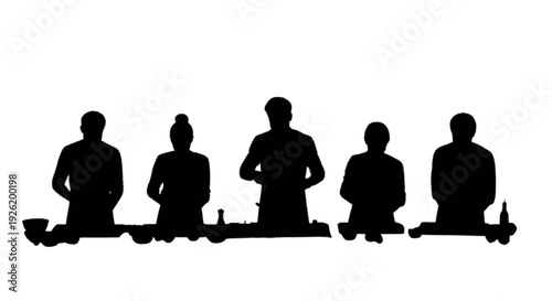 Silhouettes of five individuals sitting in a row during prayer or meditation. isolated on transparent background, Vector